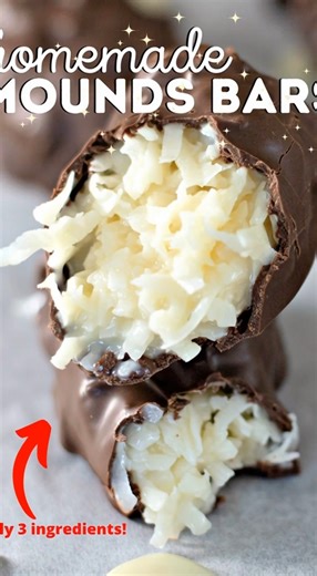 Here’s the 3-Ingredient Mounds Bars recipe Ingredients: 3 cups unsweetened shredded coconut 14 ounces sweetened condensed milk 15 ounces dark chocolate (or semi-sweet chocolate) Instructions: Prepare the Coconut Mixture: In a medium mixing bowl, combine the shredded coconut and sweetened condensed milk. Mix well to combine. Shape the Bars: With clean and wet hands, shape the coconut mixture into 12 logs. Place each log on a parchment paper-lined cookie sheet. Freeze the coconut logs for about 20