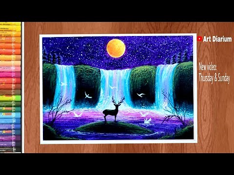 Art with oil pastels | Moonlight Waterfall scenery drawing for beginners - step by step