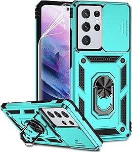 for Samsung Galaxy S21 Ultra Case with Camera Lens Cover HD Screen Protector,Military-Grade Drop Tested Magnetic Ring Holder Kickstand Protective Phone Case for Samsung Galaxy S21 Ultra 5G (Mint)