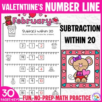 Valentine’s Day Number Line Subtraction Within 20 Worksheets No-Prep Math Practi