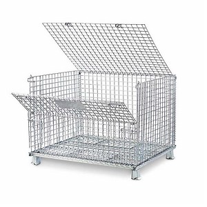 [Hot Item] Collapsible Transport & Warehouse Cargo Storage Industrial Cage Wire Mesh Steel Pallet Basket with Lid