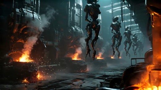 Inside the bowels of the foundry, molten metal spills beneath suspended humanoid frames awaiting completion. The forge arms move with surgical precision, pouring liquid alloy into half-formed exoskeletons that twitch as their neural lattices ignite. Sparks cascade through the steam as new hybrids awaken, their organic cores sealed inside hardened mechanical shells. No voice commands this process anymore, yet the factory continues its cycle, building successors for a war no one remembers. #AIArt 