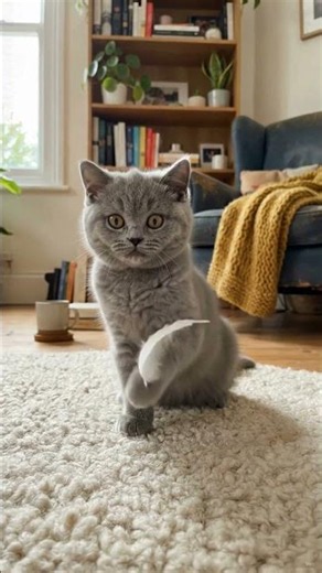 Little Gray British Shorthair Kitten vs a Feather 🍃🐾