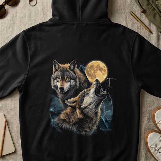 Howling Wolf Digital Art, Two Wolves Full Moon Halftone Design, Lunar Night Wildlife Graphic, Instant Download, Black Only Print File - Etsy