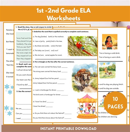 1st Grade Language Arts Packet - Reading, Writing & Spelling Activities - Letter Blends, Sight Words, Punctuation - Sentences, Comprehension - Etsy