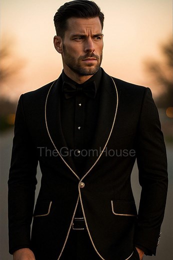 Men’s Black 2 Piece Suit With Gold Trim | Luxury Slim Fit Tuxedo Blazer and Pants | Groom Wedding Suit | Prom and Formal Wear - Etsy