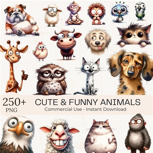 250  Funny Animals Clipart Bundle: Watercolor Quirky Cartoon Birds, Dogs, Cats (digital Download) - Etsy