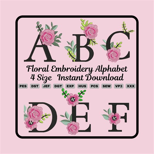 Pink Rose Floral Embroidery Alphabet | Machine Embroidery Files (instant Download) - Etsy