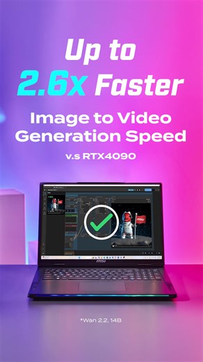 Leading the edge AI dominance: MSI gaming laptops with up to RTX5090 laptop GPU harnesses 24GB of VRAM, making complicated Image-to-Video, Text-to-Video's generation performance up to 3x faster than RTX4090 laptop GPU in our testing. Choose MSI gaming laptops when it comes to edge AI workloads, for they are the undisputed king of portable AI power⚡ #MSI #RTX50Series #AIPC #EdgeAI #GamingLaptop #GenAI #LLM | MSI Gaming