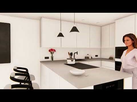 Modernus baltas virtuvinis su integruota technika ir vyno šaldytuvu (Vokietija)