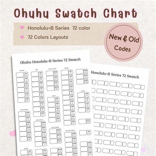 Ohuhu 72 Color Swatch Chart Printable | Honolulu B Series Marker Chart | Blank & Pre-filled Codes PDF | DIY Color Organizer - Etsy