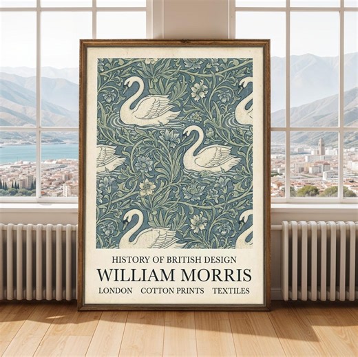 William Morris Swans Inspired Art Print – Vintage English Textile Illustration, Blue and Cream Tones - Etsy