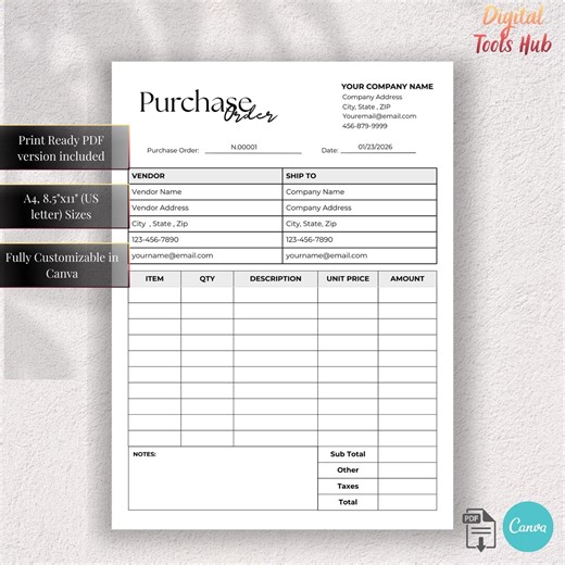 Modèle de bon de commande | Bon de commande du fournisseur | PDF à remplir sur toile A4, format lettre US, imprimable sur toile - Etsy France