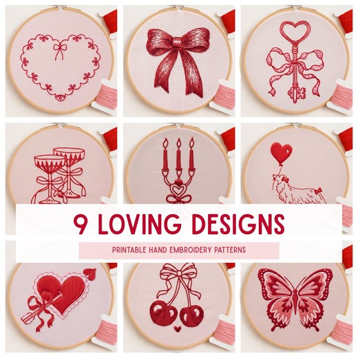 Redwork Embroidery Pattern: Valentine's Floral Heart Designs (PDF Download, 6 Sizes) - Etsy
