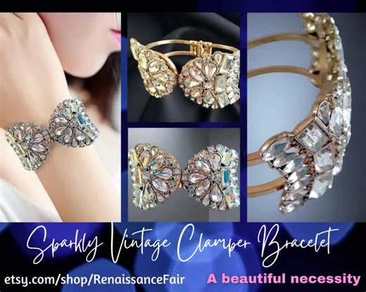 Clear Rhinestone Wide Bracelet Clamper, Sparkly, Various Cuts, Gold Tone Vintage