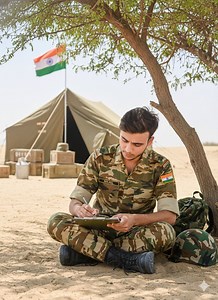 Indian Army 🇮🇳🪖💪 PROMPT 👇 A completely realistic close-up photo of a young man (100% face, hair, and beard match from the uploaded photo) wearing a Indian Army uniform in a desert setting. His badge reads Nikhil, and a Hindustani flag badge is displayed on his chest. He is sitting under the shade of a tree, wearing military boots, and writing a letter while a tent and other army-camp elements appear in the background, creating an authentic military atmosphere.do not change my face in camera