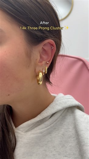 You can never go wrong with a cluster in your helix piercing! 🤩 #helixpiercing #helixpiercings #helix #newpiercing #earstyling #earstack #curatedear #earpiercing #earpiercings #earpiercingideas #goldearrings #earcandy | Lulu Ave Jewelry • Styling • Piercing