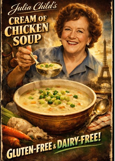 Julia Child’s Cream of Chicken Soup—Gluten Free and Dairy Free🥣 In this refined version, Julia purées rice to naturally thicken the soup, making it gluten-free and dairy-free without sacrificing richness. Simmered chicken, finely diced carrot, celery, and onion create a delicate fond, finished with a silky texture and garnished with tender peas and fresh cucumber for contrast. #glutenfree #dairyfree #creamofchickensoup #vintage_recipe #juliachild #CapCut