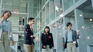 Multinational businesspeople dancing in office and digital technology concept.