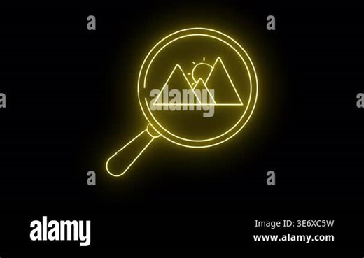 A neon magnifying glass icon illuminates a landscape scene, symbolizing exploration, visual search, and the discovery of hidden details in nature and technology Stock Video Footage - Alamy