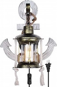 Anchor Pirate Nautical Wall Sconce Plug in or Hardwire, Indoor Antique Vintage Coastal Beach Ocean Themed Sconce Wall Light, Bedroom Rustic Wall Mount Lamp Light Fixtures (Edison Bulb Included)
