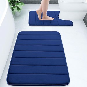 Buganda Memory Foam Bathroom Rugs Sets 2, 24"x16" Bath Mats and 24"x20" U-Shaped Toilet Rugs, Soft Non Slip Absorbent Bath Rugs, Navy