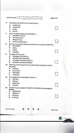 computer studies 2025 external section A #ecz #exams grade 9