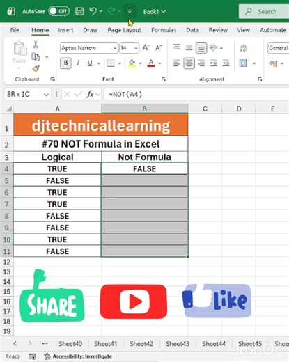 Learn how to use the NOT formula in Excel in under 30 seconds. Perfect for beginners who want to control logical tests and reverse TRUE/FALSE results in their spreadsheets. Use this trick to make your data validation, conditional formatting, and logical formulas more powerful in Excel. #excel, #exceltips, #exceltutorial, #excelshorts, #learnexcel, #office, #spreadsheet, #excelformulas, #excelforbeginners, #excelskills, #youtubeshorts, #shorts | DJtechnicallearning