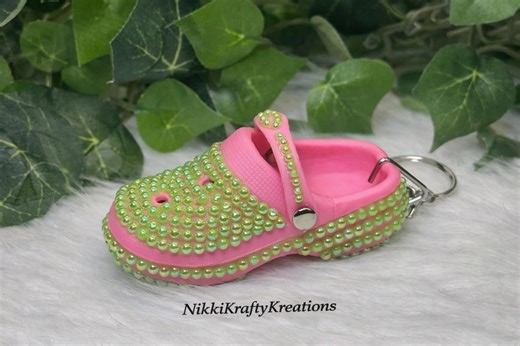 Handmade Bling Mini Croc Keychain | Pink & Green Rhinestone Shoe Charm - Etsy