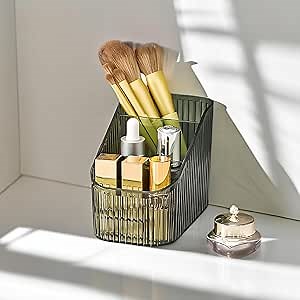 Green Makeup Brush Holder for Desk,3 Slot Makeup Organizer,Vintage Striped Makeup Organizer,Large Capacity Desk Storage Containers for Vanity Bathroom Countertops (S)