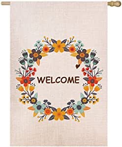 Spring Flowers Welcome Double Sided Burlap House Flag, Premium Material, Seasonal Spring Summer Outdoor Funny Decorative Large Flags for Home Garden Yard Lawn Patio, 28 x 40 inch