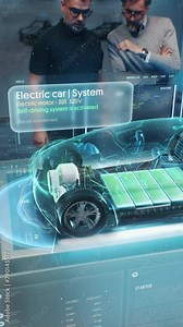 Two automotive engineers develop body of new eco-friendly electric car using futuristic augmented reality holographic automobile prototype. 3D graphics of vehicle high-tech developing. Vertical shot