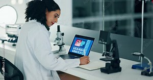 Scientist, computer screen and writing medical notes, laboratory research and particles or bacteria results. Science woman or student with notebook, studying on laptop and healthcare report at night