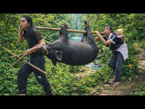 Hunting wild boars with a crossbow, the process of making delicious smoked pork - Survival skills