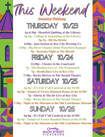 The weekend kicks off with after-hours shopping & live music during Hit the Bricks tonight from 5p - 7p! More live music all weekend long, plus haunted houses, Rocky Horror, Fall Carnivals, & Nights at the Museum. It's going to be a SPOOKTACULAR weekend downtown! #doitdowntown #Halloween #ShopLocal #hitthebricks | Downtown Vicksburg Main Street Program