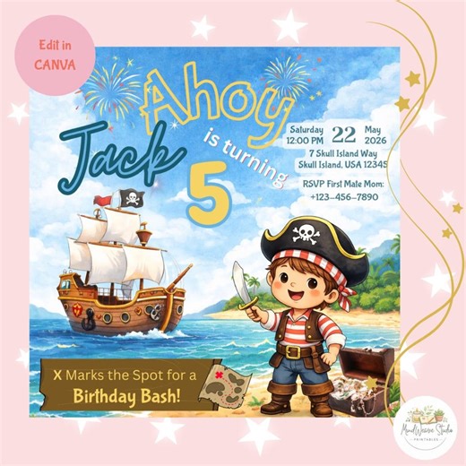 Pirate Birthday Template | Editable Canva Pirate Party Card | Kids Pirate Ship & Island Theme | Printable Birthday Design - Etsy