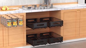 Pull Out Cabinet Organizer, 4 Pack Heavy Duty Slide Out Drawers Pantry Shelves Fixed With Strong Adhesive Glue and Handle for Kitchen, Living Room, Bathroom, Home (14.8" D X 9.6" W X 3.9" H)