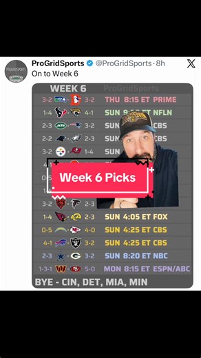 The picks are in! Here are my week 6 NFL picks! Let me know your picks in the comments. Last week: 10-4 Overall: 44-34 #fyp #nflpredictions #week6