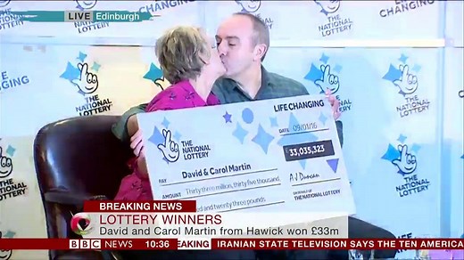 No, not at all wishing it was us! UK's joint biggest National Lottery winners named as David and Carol Martin from the Scottish Borders. The cheque's for £33 million. Read more: bbc.in/1mXA0p3 | BBC News