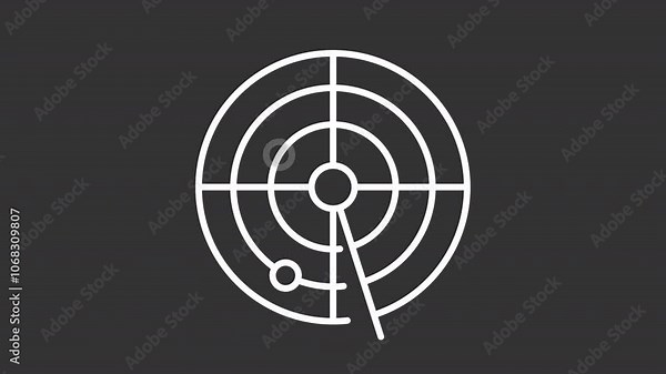 Animated radar white icon. Tracking objects line animation. Radar map. Navigation tool. Air traffic control. Isolated illustration on dark background. Transition alpha video. Motion graphic