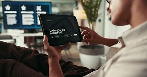Hands, tablet and screen at startup with reading, inspection or check progress for job search application. Person, developer and digital touchscreen with review, process and user experience at agency