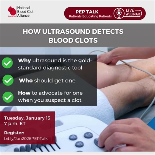 Blood clots are often missed — not because the tools don’t exist, but because the right test isn’t always ordered. Ultrasound is one of the most accurate and effective ways to detect dangerous blood clots early. Yet many patients experience delays or are never offered this scan because symptoms are minimized, risk factors are overlooked, or they don’t know they can speak up. Join our January PEP Talk to learn: • Why ultrasound is the gold standard for clot detection • Who are the best candidates