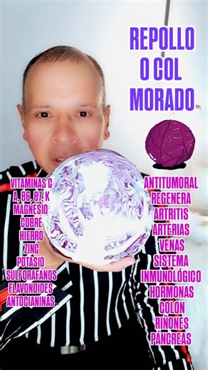 CUIDADO CON EL REPOLLO MORADO TIENE PROPIEDADES ANTIINFLAMATORIAS QUE SANAN TODA ENFERMEDAD. El repollo morado ofrece beneficios para la salud del corazón, la digestión y la prevención de enfermedades. Su alto contenido de antioxidantes como las antocianinas ayuda a reducir la inflamación y protege las células. Además, es una excelente fuente de vitaminas A y C, y proporciona fibra para la salud intestinal. Beneficios principales Salud cardiovascular: Las antocianinas pueden ayudar a reducir la 