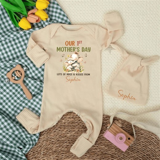 Our 1st Mother’s Day Baby Romper, Personalized Newborn Outfit With Name, Custom Elephant Bodysuit, New Mom Gift From Baby - Etsy