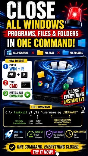 🥈 One Command to Close EVERYTHING on Windows! 😱 #computertips #windows #windows10 #windows11 #tech