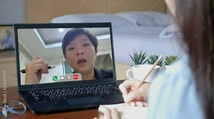 4K. work from home. boss making video conference to order work with employee via laptop computer during home isolation to avoid spreading illness transmission of COVID-19 Coronavirus outbreak. Stock Video