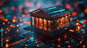 This 3D model of a classic bank building sits on a circuit board. Funding concept