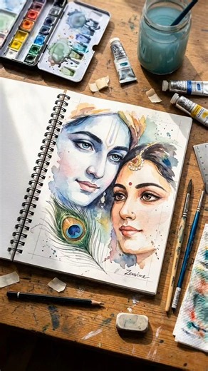 Handmade Radha Krishna Watercolor Painting in Sketchbook | Realistic Artist Workspace