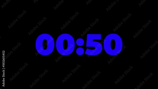 One minute countdown animation from 60 seconds to 0 seconds on a transparent background, One minute countdown timer with alpha channel