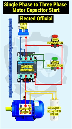 single phase to three phase motor capacitor start wiring ⚡#youtube #vairal #industrial #motorcontrol